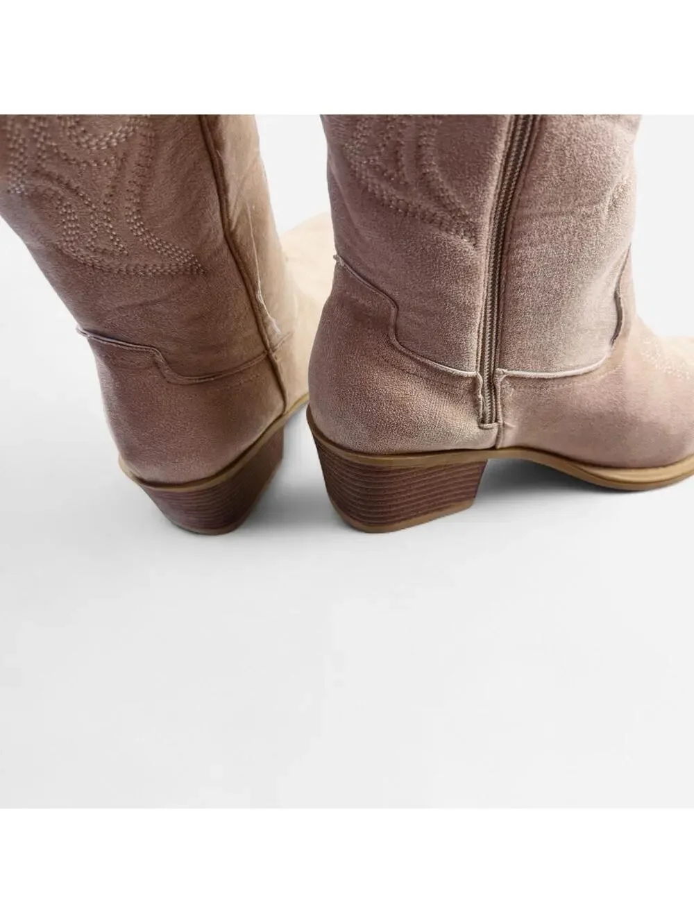 Cream Vegan Chocolate Suede Embroidered Western Cowboy Boots in Cream